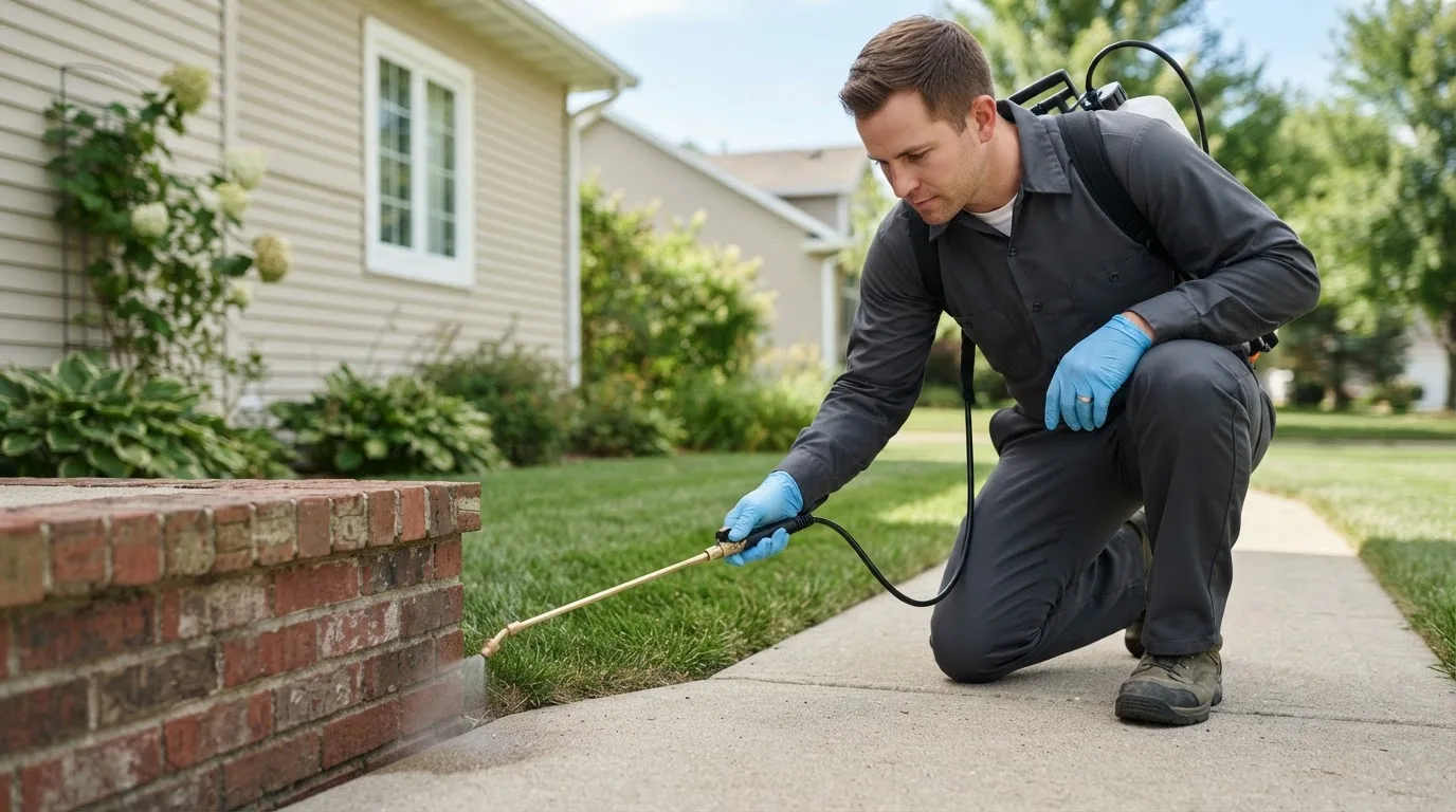 Pest control technician treating a home near Newark, TX